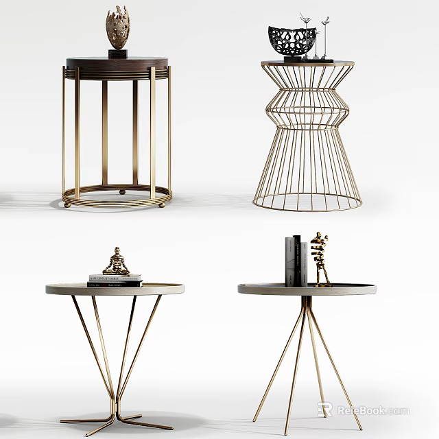 Modern Side Tables with Gold Metal Frames and Round Tabletops in Wireframe Design 3d model