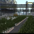 Modern Industrial Plant With Large Facilities Overhead Pipes Walkway Bridge And Green Trees Along Road
