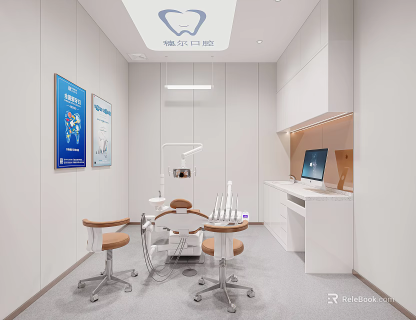 Modern Dental Clinic Interior With Dental Chair Stools Posters And Workstation 3d model 