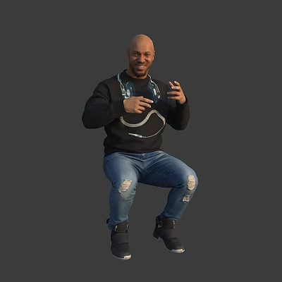 Man in Black Hoodie With Headphones Gesturing While Squatting In Blue Ripped Jeans 3d model