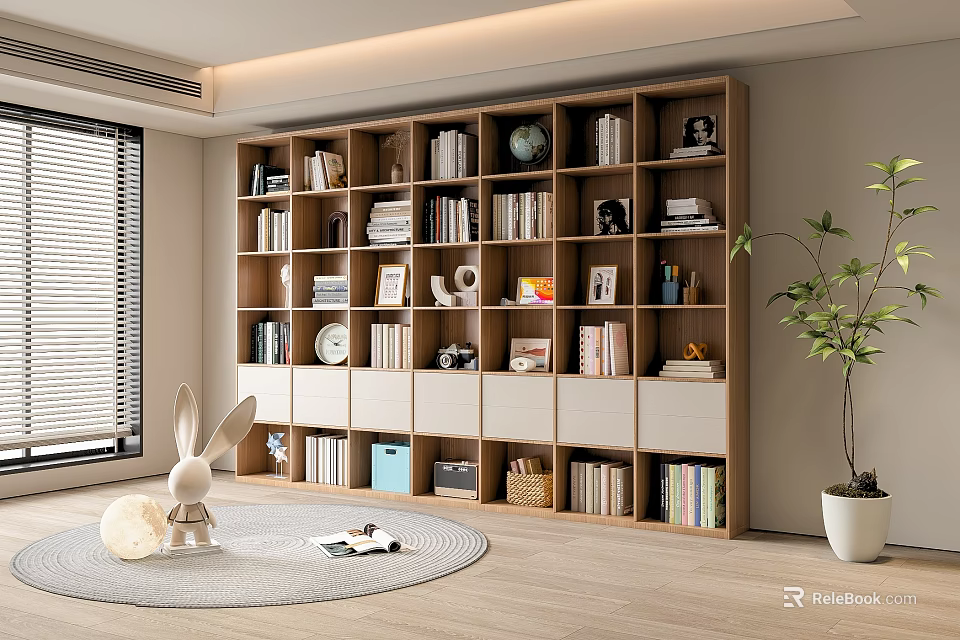Modern Bookcase Interior With Shelves Books Photo Frames Globe And Decor Items 3d model 