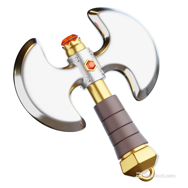 Decorative Axe Weapon With Silver Blades Golden Accents Red Gemstone And Brown Handle 3d model 
