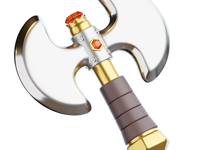 Decorative Axe Weapon With Silver Blades Golden Accents Red Gemstone And Brown Handle 3d model