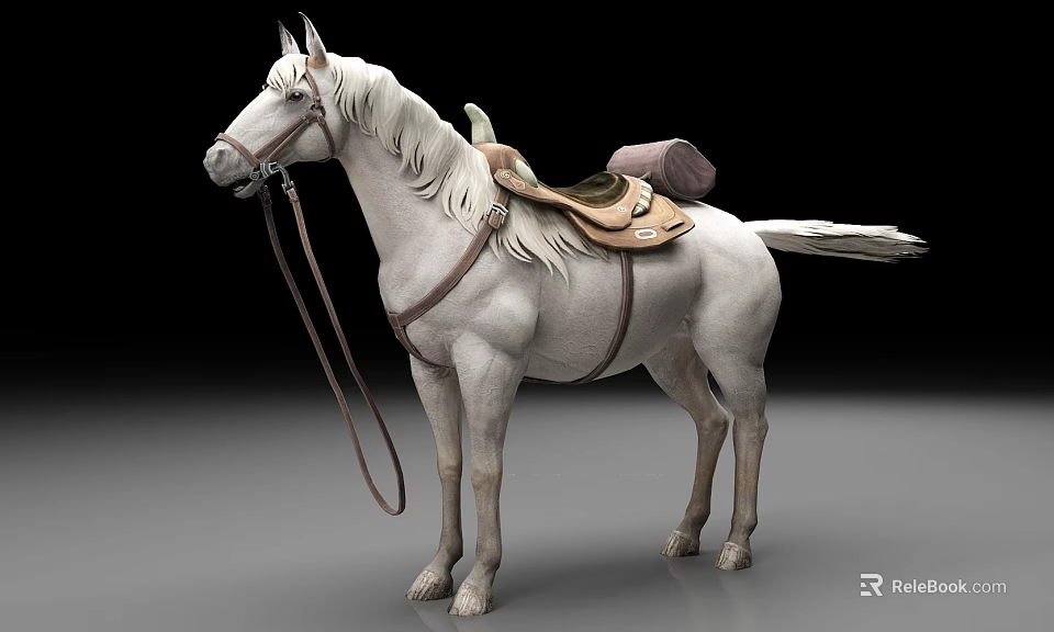 Detailed White Horse With Brown Saddle And Reins Standing In Studio 3d model 