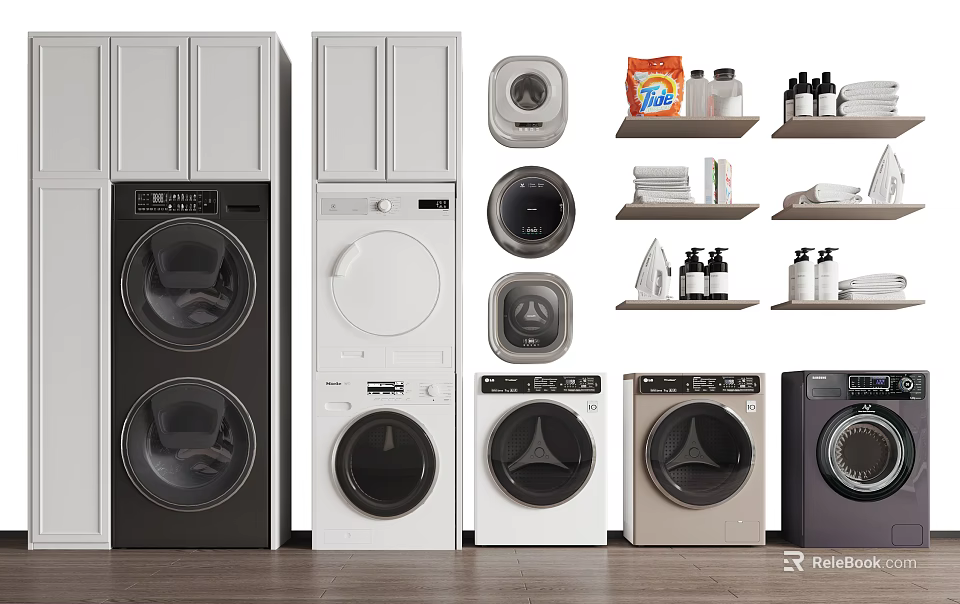 Modern Bathroom Cabinet With Laundry Storage Washing Machine Dryer And Cleaning Supplies 3d model 