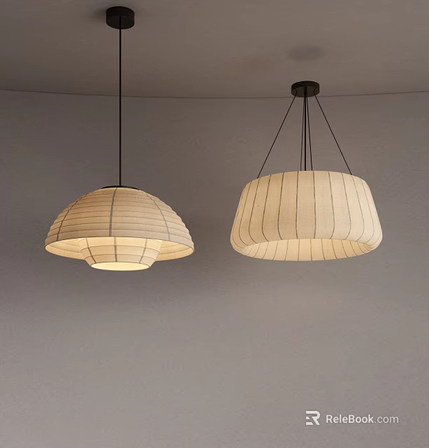 Two Neutral Toned Fabric Striped Domed Pendant Lights Ceiling Hanging Design 3d model 