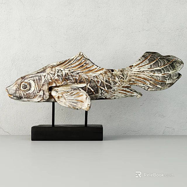 Wooden Fish Shaped Decorative Ornament With Textured Surface And Black Base For Home Decor 3d model 