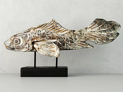 Wooden Fish Shaped Decorative Ornament With Textured Surface And Black Base For Home Decor 3d model