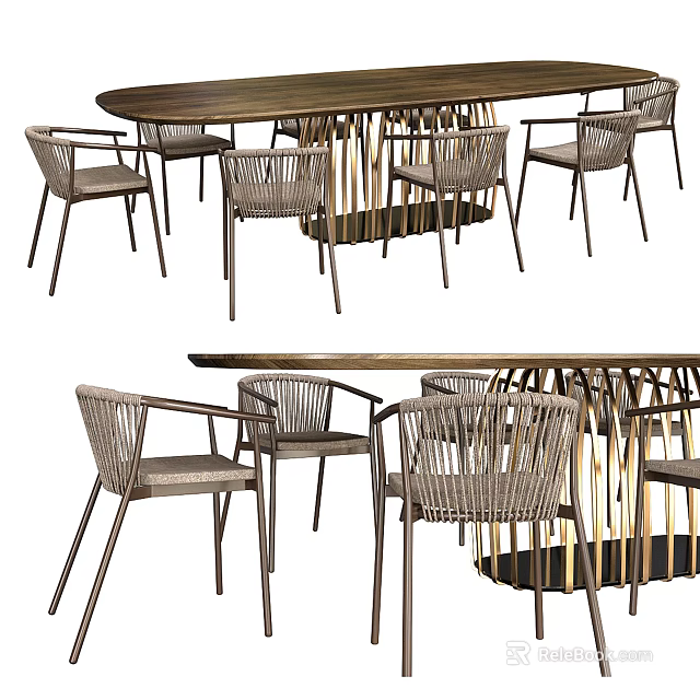 Modern Dining Table Set With Wooden Top Rattan Weave Chairs And Metal Frame Design 3d model 