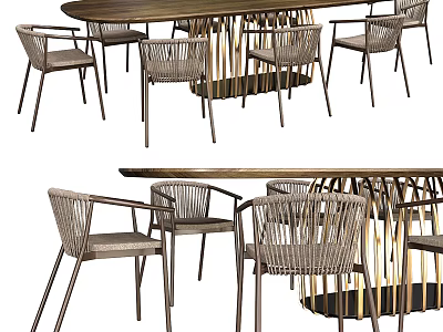 Modern Dining Table Set With Wooden Top Rattan Weave Chairs And Metal Frame Design 3d model