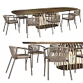 Modern Dining Table Set With Wooden Top Rattan Weave Chairs And Metal Frame Design