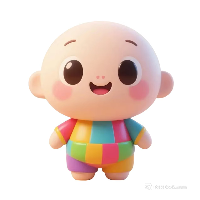 Cartoon Baby Game Character With Big Eyes Pink Cheeks And Colorful Striped Outfit 3d model 