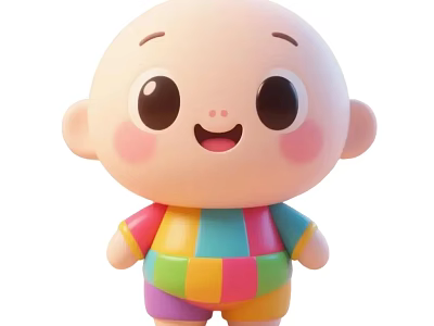 Cartoon Baby Game Character With Big Eyes Pink Cheeks And Colorful Striped Outfit 3d model
