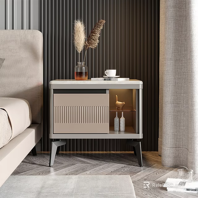Modern Light Colored Bedside Table With Dried Pampas Grass Coffee Cup Open Shelf And Drawer 3d model 