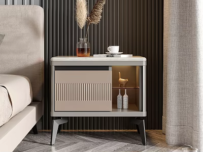 Modern Light Colored Bedside Table With Dried Pampas Grass Coffee Cup Open Shelf And Drawer 3d model