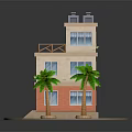 Two Story Building With Beige And Orange Exterior Balcony Palm Trees And Steps