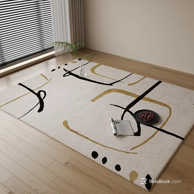 Square Rug With Abstract Black Gold Patterns On Wooden Floor 3d model 
