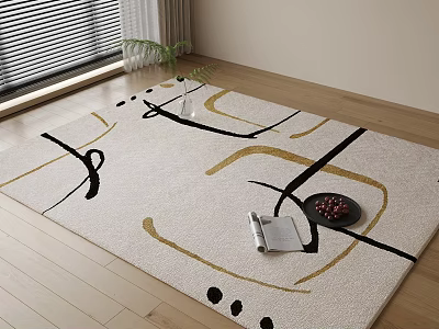 Square Rug With Abstract Black Gold Patterns On Wooden Floor 3d model