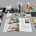 Design Magazines Open With Stationery Books And Tools On Workspace 3d model