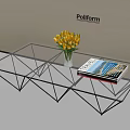 Poliform Modern Transparent Glass Coffee Table With Geometric Metal Frame Yellow Tulips And Magazine
