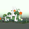Giant White Rabbit Sculpture Holding Red Flower With Green Mushrooms And Colorful Flowers