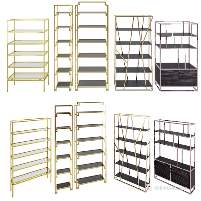 Contemporary Gold And Black Metal Shelving Units With Open Multi Tier Design 3d model 