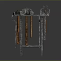 Ancient Metal Weapon Device With Hanging Metal Bars And Rusty Metal Frame Structure