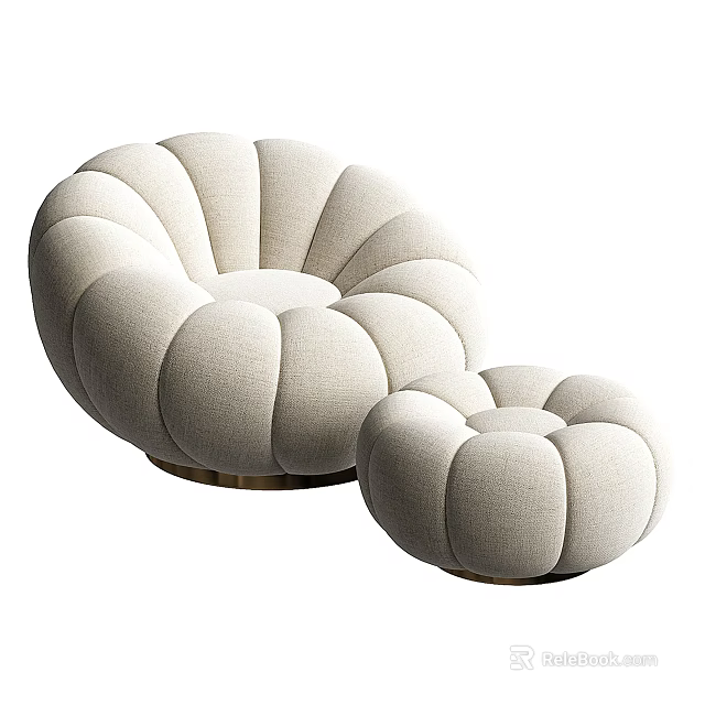 Two Pumpkin Shaped Beige Fabric Leisure Chairs With Golden Metal Base 3d model 