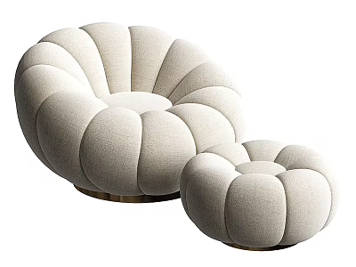 Two Pumpkin Shaped Beige Fabric Leisure Chairs With Golden Metal Base 3d model
