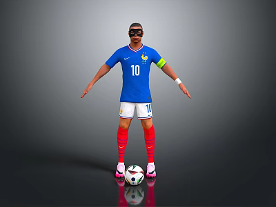 Man in Blue Football Jersey Number 10 White Shorts Red Socks Goggles with Soccer Ball 3d model