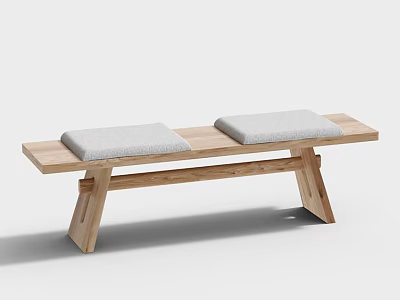 Wooden Bench With Two Gray Cushions Simple Design For Home Decor 3d model