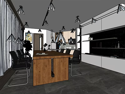 Modern Public Office Space Interior With Long Wooden Table Black Chairs Pendant Lights And Storage Cabinets 3d model