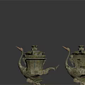 Pair of Bronze Crane Shaped Sculptures with Decorative Lids and Square Bases