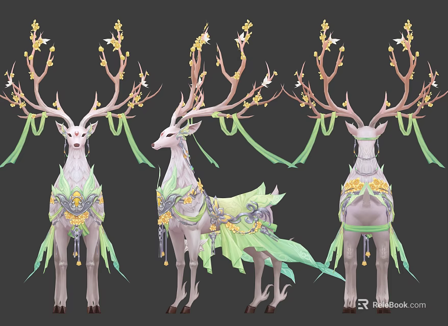 Decorative Deer with Antlers Adorned Flowers Green Ribbons and Elegant Patterns 3d model 