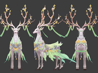 Decorative Deer with Antlers Adorned Flowers Green Ribbons and Elegant Patterns 3d model