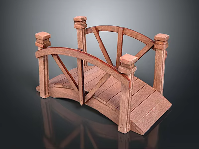 Wooden Arch Bridge Model With Carved Railings Decorative Pillars And Wooden Planks 3d model