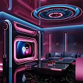 Stylish KTV Lounge Interior with Purple Blue Lighting Sofas Coffee Tables Large Starry Galaxy Screen 3d model