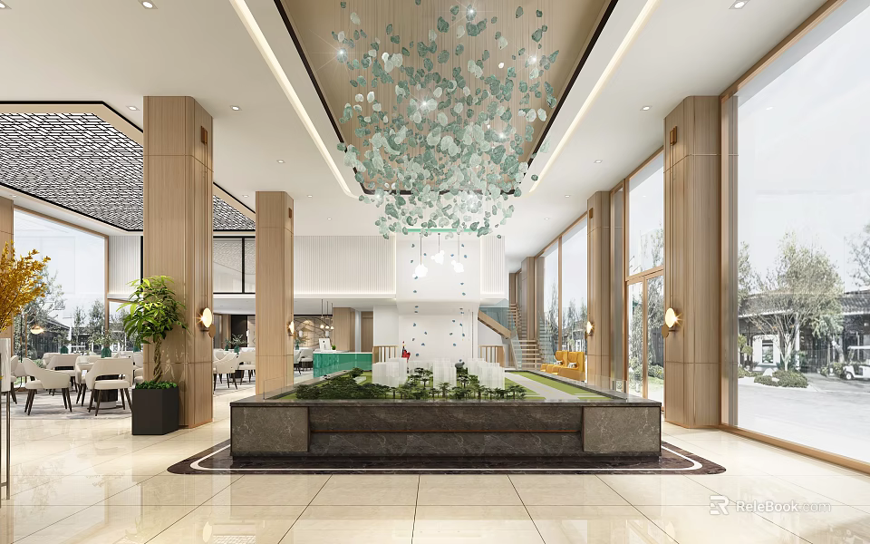 Modern Sales Office Lobby With Large Chandelier Central Water Feature Green Plants And Large Windows 3d model 