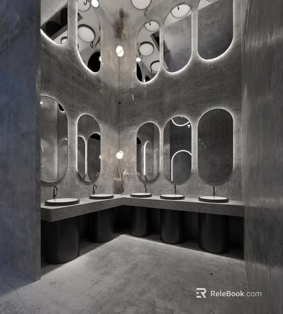 Public Restroom Interior Modern Design With Multiple Oval Mirrors Gray Concrete Walls And Sinks 3d model 