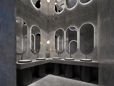 Public Restroom Interior Modern Design With Multiple Oval Mirrors Gray Concrete Walls And Sinks 3d model