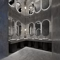 Public Restroom Interior Modern Design With Multiple Oval Mirrors Gray Concrete Walls And Sinks