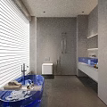 Modern Bathroom Interior Design With Blue Bathtub White Blinds Shower Fixture And Blue Vanity