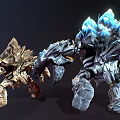 Fantasy Character Battling Rock And Crystal Monsters With Spiked Bodies And Glowing Eyes