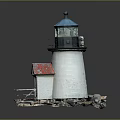 White Tower Lighthouse With Blue Top And Red Roof House On Rock Base
