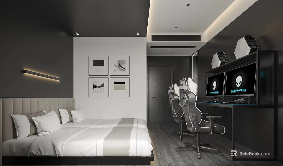 Modern Hotel Room Interior With Comfortable Bed Gaming Chairs Monitors And Wall Art 3d model 