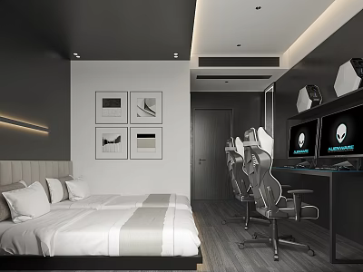 Modern Hotel Room Interior With Comfortable Bed Gaming Chairs Monitors And Wall Art 3d model