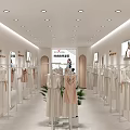 Modern Shopping Mall Clothing Counter With Mannequins Display Racks And Green Plants