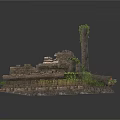 Ancient Stone Ruins with Tall Pillar and Green Vines on Platform