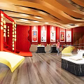Traditional Cultural Center Interior With Wooden Floors Wall Decorations And Chinese Inscriptions