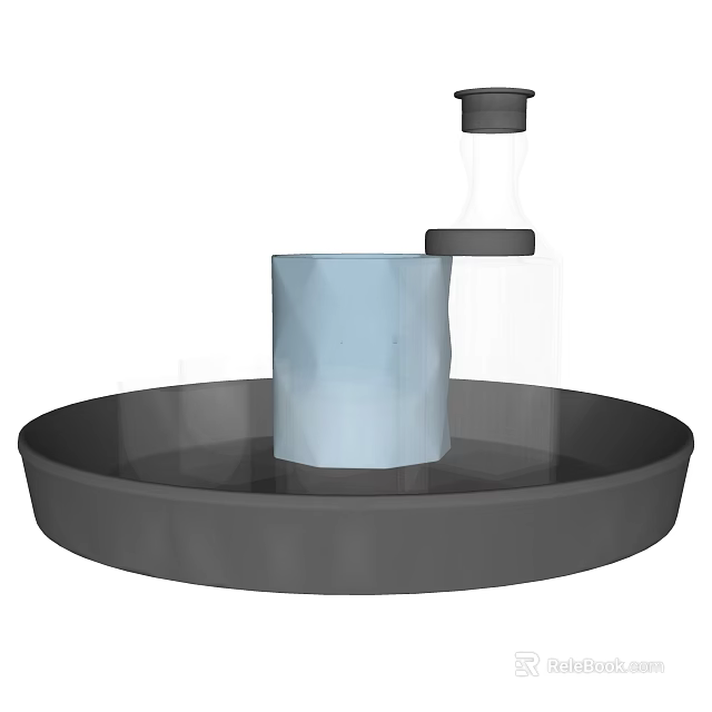 Practical Modern Kitchenware With Black Tray Light Blue Container And Transparent Bottle 3d model 